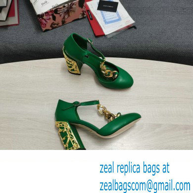 Dolce  &  Gabbana Logo Heel 10.5cm Chain leather T-strap Pumps Green 2022